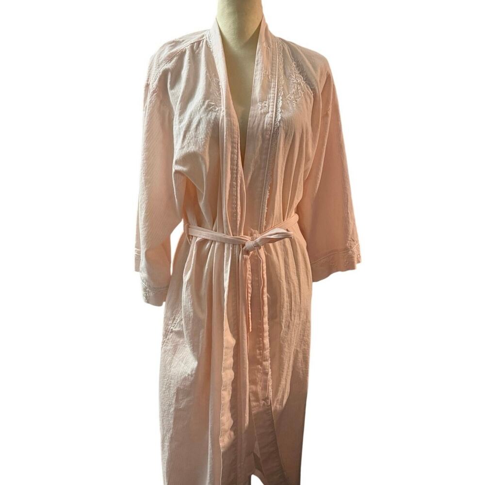 Miss Elaine Blush Pink Embroidered Long Belted Robe, 100% Cotton, Women's Medium